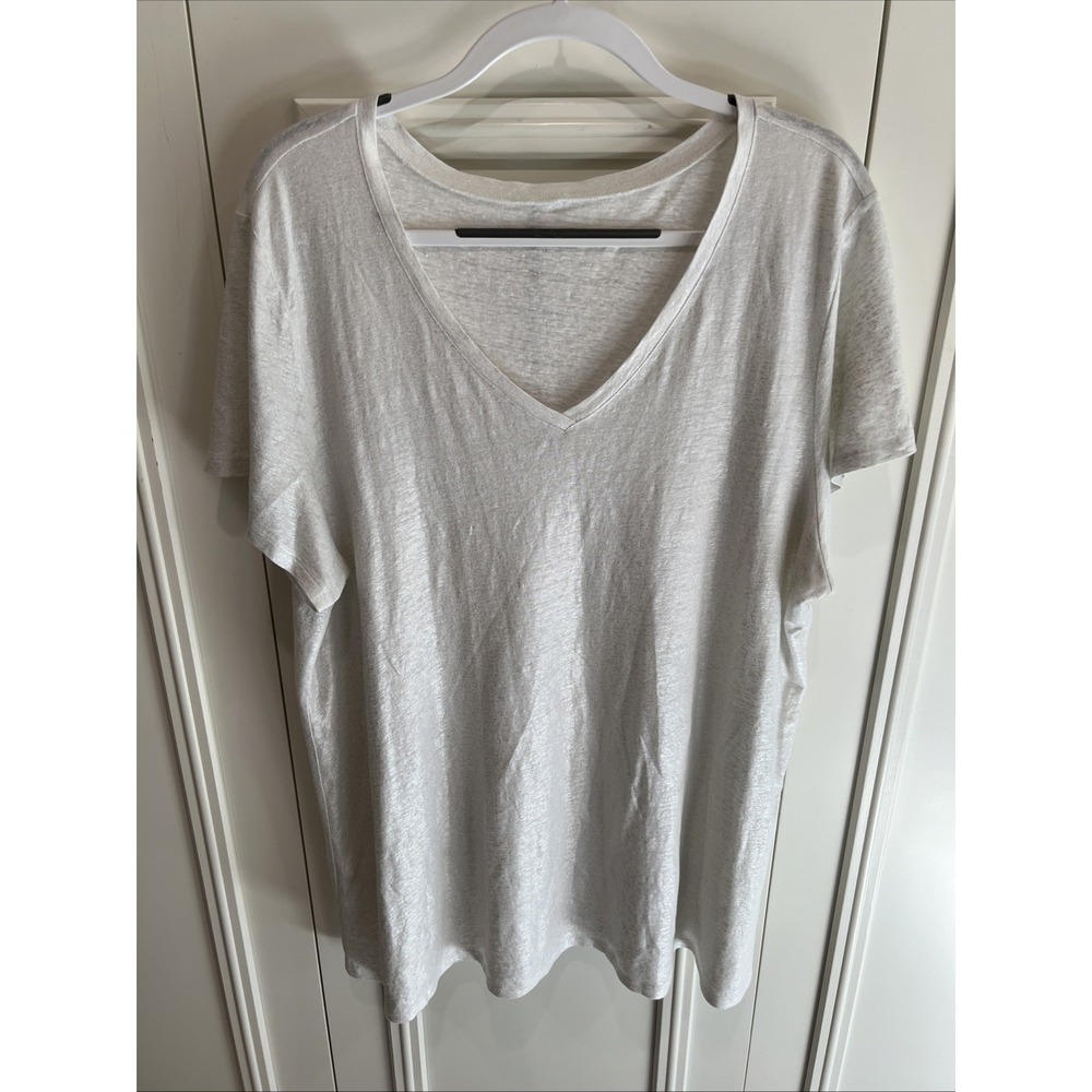 Eileen Fisher Women's White Shimmer V Neck Linen T Shirt Size 1X Quiet Luxury